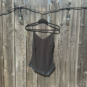 J Kara Black Asymmetrical Silver Beaded Trim V Neck Camisole Tank Top size small